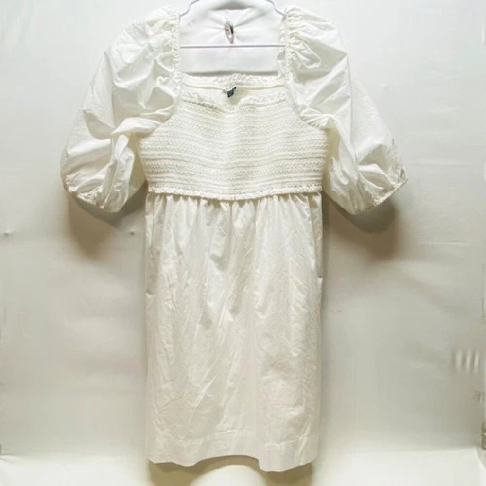 American Eagle Babydoll Dress Women's XL White Puff Sleeve Smocked Waist AEO EUC